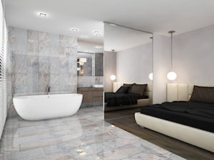 SALON Z ŁAZIENKĄ - Średnia biała szara sypialnia z łazienką, styl nowoczesny - zdjęcie od studio BOMBE