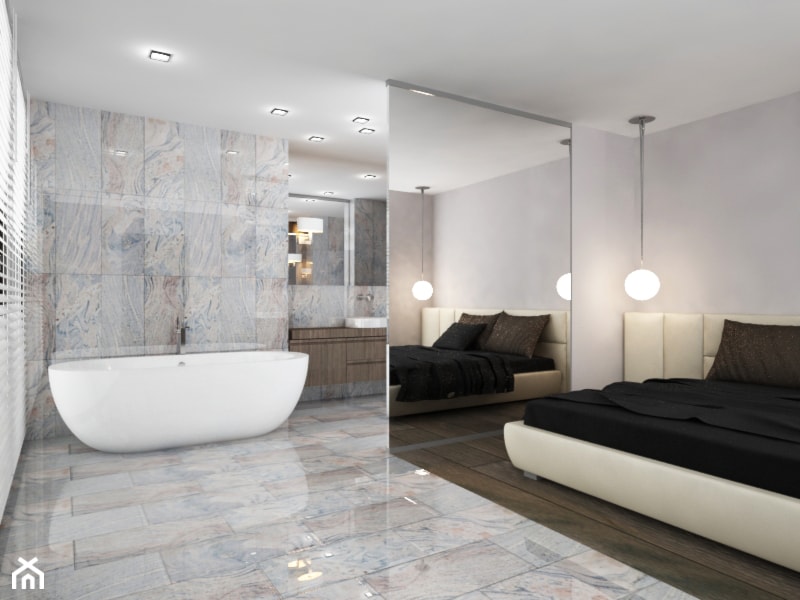 SALON Z ŁAZIENKĄ - Średnia biała szara sypialnia z łazienką, styl nowoczesny - zdjęcie od studio BOMBE