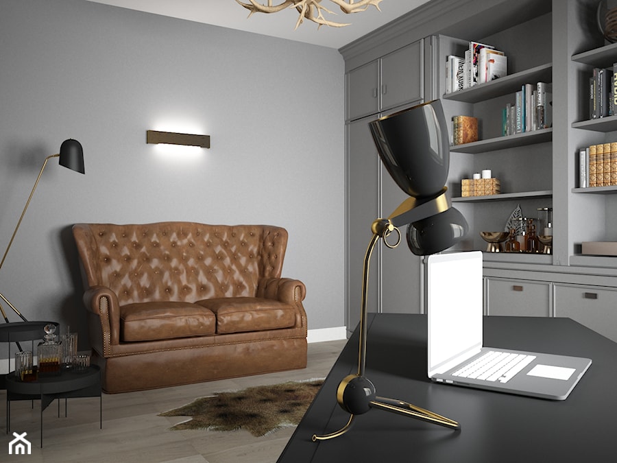 Gabinet nowoczesny w stylu myśliwskim - Średnie w osobnym pomieszczeniu z sofą szare biuro, styl nowoczesny - zdjęcie od studio BOMBE