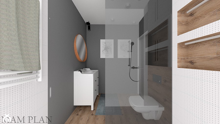 Łazienka w stylu skandynawskim - Mała na poddaszu bez okna z lustrem łazienka, styl skandynawski - zdjęcie od mamplan