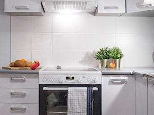 39m2 - Mała otwarta z kamiennym blatem biała z zabudowaną lodówką kuchnia w kształcie litery l, styl skandynawski - zdjęcie od mamplan