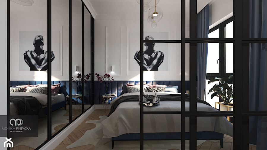 Paryskie Art Deco w Warszawie - Średnia biała niebieska sypialnia - zdjęcie od Monika Pniewska Projekty Wnętrz