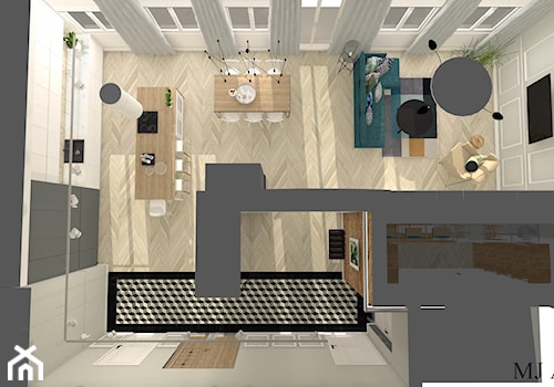 Mieszkanie w kamienicy typu open space - Szary salon z kuchnią z jadalnią, styl tradycyjny - zdjęcie od mj-atelier.com