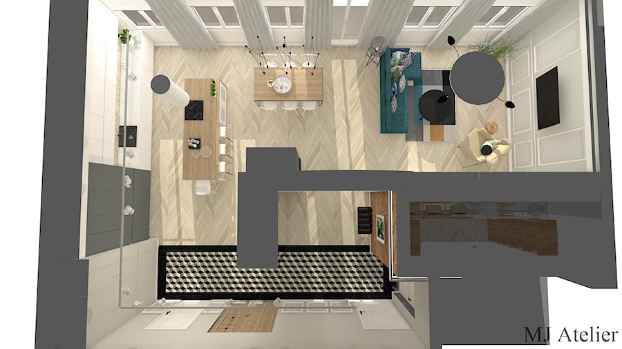 Mieszkanie w kamienicy typu open space - Szary salon z kuchnią z jadalnią, styl tradycyjny - zdjęcie od mj-atelier.com