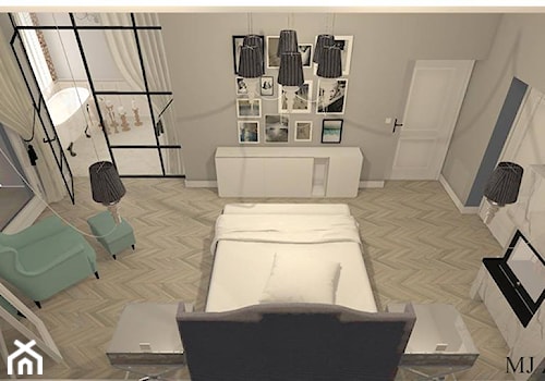 sypialnia z przeszklonymi drzwiami do łazienki - Duża biała szara sypialnia z łazienką, styl prowansalski - zdjęcie od mj-atelier.com