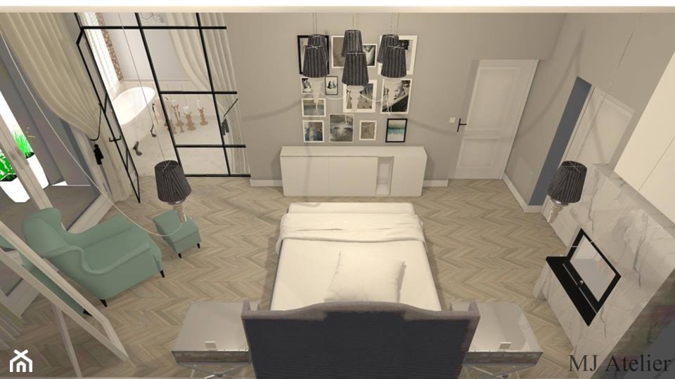 sypialnia z przeszklonymi drzwiami do łazienki - Duża biała szara sypialnia z łazienką, styl prowansalski - zdjęcie od mj-atelier.com - Homebook