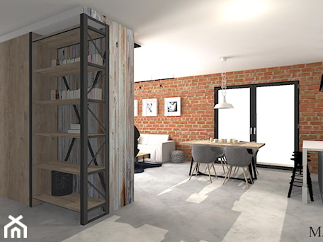 Aranżacje wnętrz - Salon: LOFT - Średni brązowy salon z kuchnią z jadalnią, styl industrialny - mj-atelier.com. Przeglądaj, dodawaj i zapisuj najlepsze zdjęcia, pomysły i inspiracje designerskie. W bazie mamy już prawie milion fotografii!