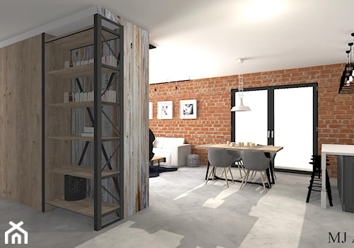 LOFT - Średni brązowy salon z kuchnią z jadalnią, styl industrialny - zdjęcie od mj-atelier.com