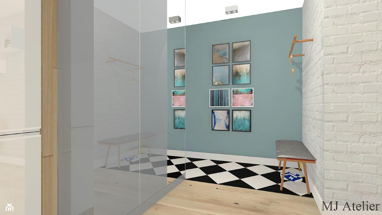 Mieszkanie w pastelach - Średni z wieszakiem biały szary hol / przedpokój, styl nowoczesny - zdjęcie od mj-atelier.com - Homebook