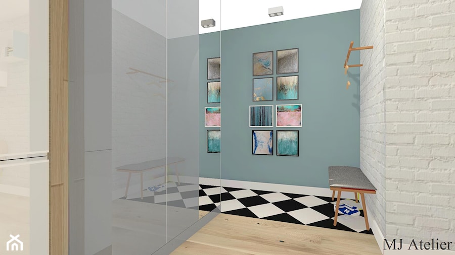 Mieszkanie w pastelach - Średni z wieszakiem biały szary hol / przedpokój, styl nowoczesny - zdjęcie od mj-atelier.com
