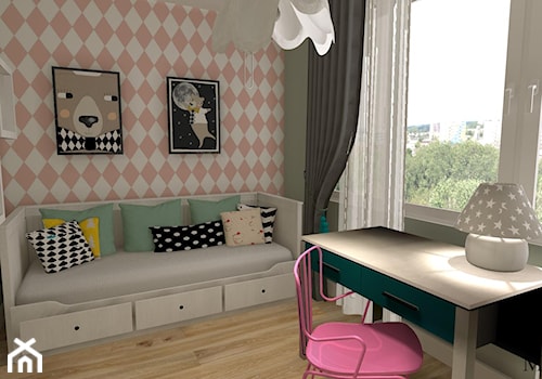 Apartament z czerwoną cegłą - Mały biały miętowy różowy pokój dziecka dla nastolatka dla dziewczynki, styl nowoczesny - zdjęcie od mj-atelier.com