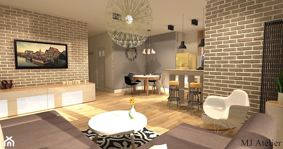 Apartament z czerwoną cegłą - Salon, styl nowoczesny - zdjęcie od mj-atelier.com