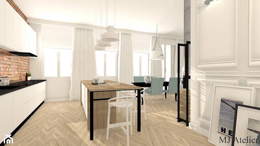 Apartament z XIX w. - Średnia otwarta z salonem z kamiennym blatem szara z zabudowaną lodówką kuchnia jednorzędowa z oknem, styl tradycyjny - zdjęcie od mj-atelier.com