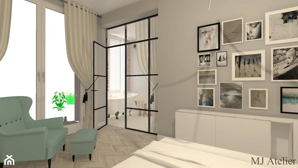 sypialnia z przeszklonymi drzwiami do łazienki - Średnia szara sypialnia z łazienką, styl prowansalski - zdjęcie od mj-atelier.com - Homebook