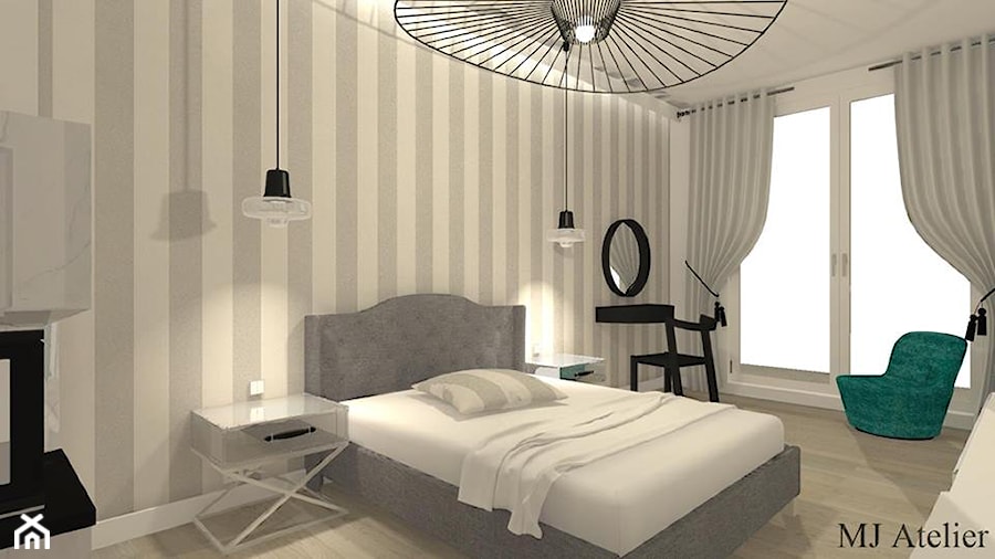 master bedroom _sypialnia - Średnia biała szara sypialnia z balkonem / tarasem, styl tradycyjny - zdjęcie od mj-atelier.com