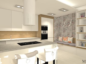 Apartament / penthouse - Średnia otwarta z salonem z kamiennym blatem szara z zabudowaną lodówką z podblatowym zlewozmywakiem kuchnia w kształcie litery u, styl nowoczesny - zdjęcie od mj-atelier.com