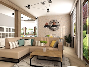 Dom w Zielonce - Średni beżowy salon z jadalnią z tarasem / balkonem, styl prowansalski - zdjęcie od mj-atelier.com