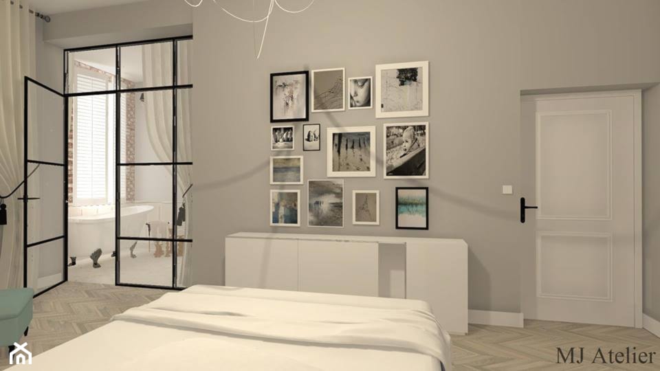sypialnia z przeszklonymi drzwiami do łazienki - Średnia szara sypialnia z łazienką, styl prowansalski - zdjęcie od mj-atelier.com - Homebook