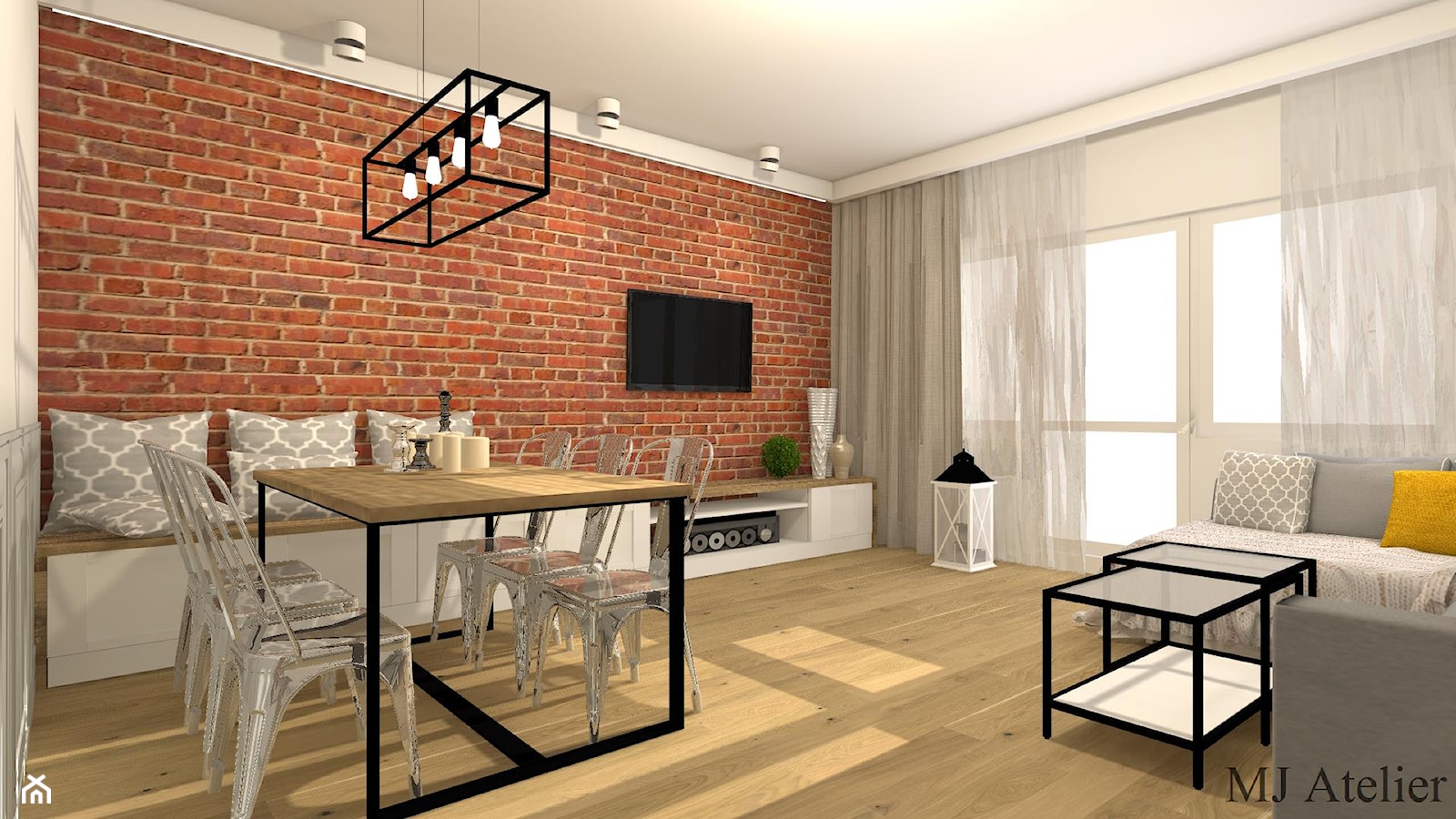 Salon z czerwoną cegłą - Średni biały brązowy salon z jadalnią, styl prowansalski - zdjęcie od mj-atelier.com - Homebook