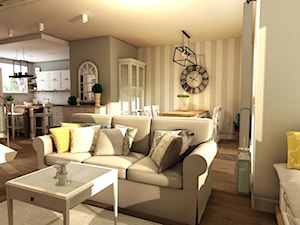 Dom z antresolą - Mały biały szary salon z kuchnią z jadalnią, styl prowansalski - zdjęcie od mj-atelier.com