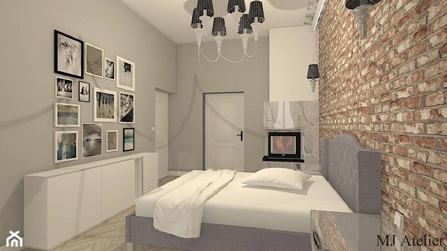 sypialnia z przeszklonymi drzwiami do łazienki - Średnia beżowa szara sypialnia, styl prowansalski - zdjęcie od mj-atelier.com