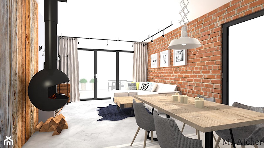 LOFT - Mały biały salon z jadalnią, styl industrialny - zdjęcie od mj-atelier.com