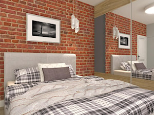 Sypialnia z czerwowną cegłą - Mała szara sypialnia, styl industrialny - zdjęcie od mj-atelier.com