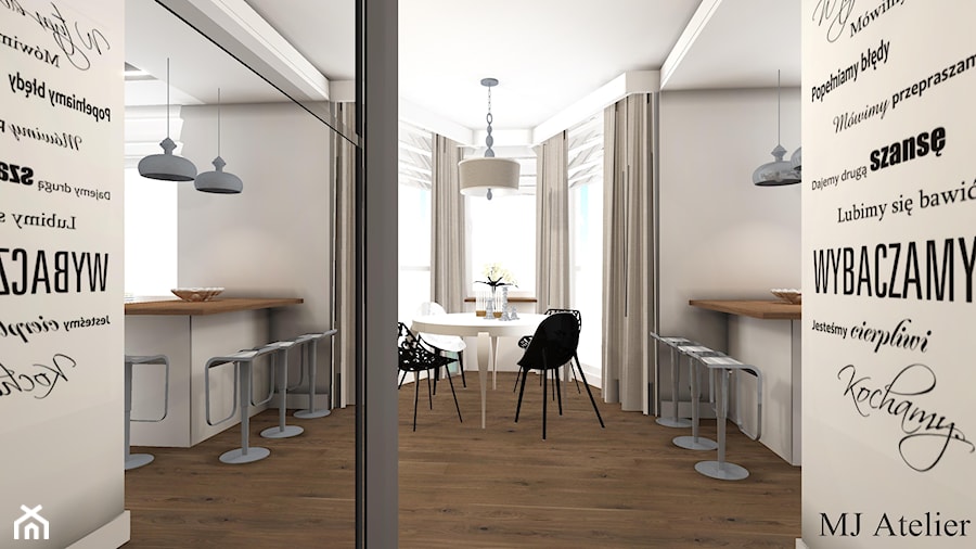 Dwupoziomowe mieszkanie - Mała biała jadalnia w kuchni, styl nowoczesny - zdjęcie od mj-atelier.com