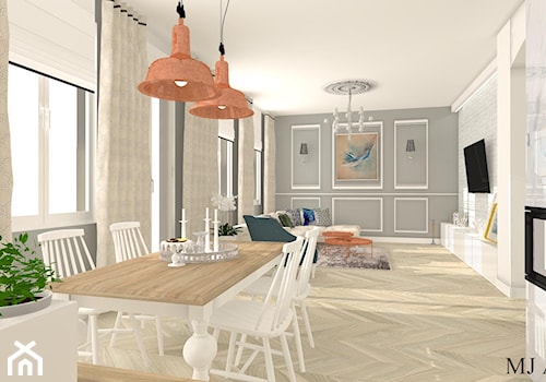 Apartament z czernią - Duża beżowa szara jadalnia w salonie, styl nowoczesny - zdjęcie od mj-atelier.com