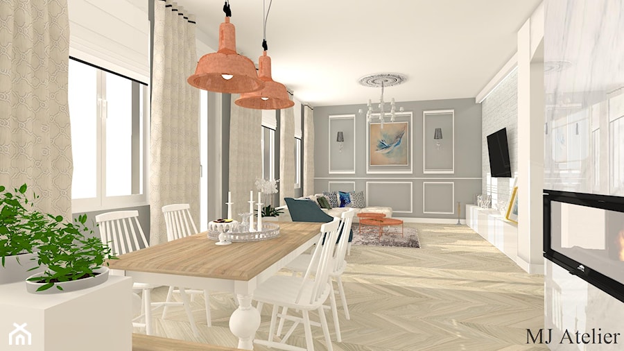 Apartament z czernią - Duża beżowa szara jadalnia w salonie, styl nowoczesny - zdjęcie od mj-atelier.com