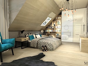 Sypialnia - Duża beżowa z panelami tapicerowanymi sypialnia na poddaszu, styl nowoczesny - zdjęcie od mj-atelier.com