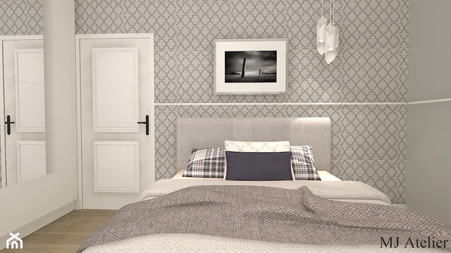 Sypialnia w szarości - Średnia biała szara sypialnia, styl tradycyjny - zdjęcie od mj-atelier.com