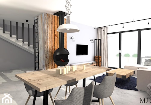 LOFT - Duży biały salon z jadalnią, styl industrialny - zdjęcie od mj-atelier.com