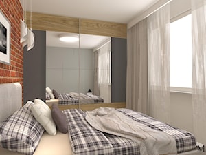 Sypialnia z czerwowną cegłą - Mała biała czarna sypialnia, styl industrialny - zdjęcie od mj-atelier.com