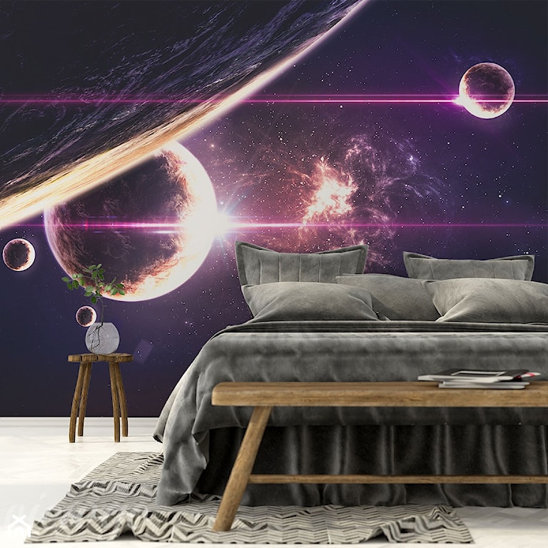 tapeta z motywem galaxy w sypialni nad łóżkiem