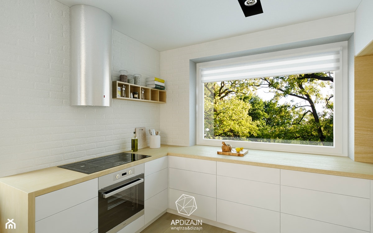 Ze Skandynawią w tle - Średnia otwarta biała z zabudowaną lodówką kuchnia w kształcie litery l z oknem, styl nowoczesny - zdjęcie od AP DIZAJN - wnętrza & dizajn - Homebook