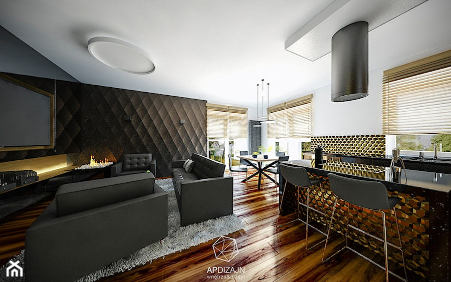 Mieszkanie Marynarza - Duży biały czarny salon z kuchnią z jadalnią, styl nowoczesny - zdjęcie od AP DIZAJN - wnętrza & dizajn
