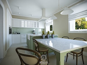 Eklektyzm z nutą Art Deco - Duża otwarta z salonem z zabudowaną lodówką kuchnia w kształcie litery l z wyspą lub półwyspem, styl nowoczesny - zdjęcie od AP DIZAJN - wnętrza & dizajn