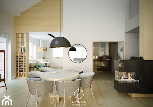 Ze Skandynawią w tle - Średni biały salon z kuchnią z jadalnią z tarasem / balkonem z barkiem, styl nowoczesny - zdjęcie od AP DIZAJN - wnętrza & dizajn