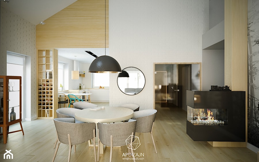 Ze Skandynawią w tle - Średni biały salon z kuchnią z jadalnią z tarasem / balkonem z barkiem, styl nowoczesny - zdjęcie od AP DIZAJN - wnętrza & dizajn