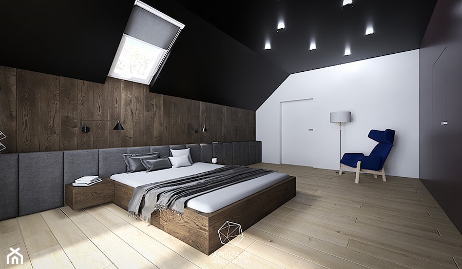 Leśny Dom w Czerni - Duża biała czarna sypialnia na poddaszu, styl nowoczesny - zdjęcie od AP DIZAJN - wnętrza & dizajn
