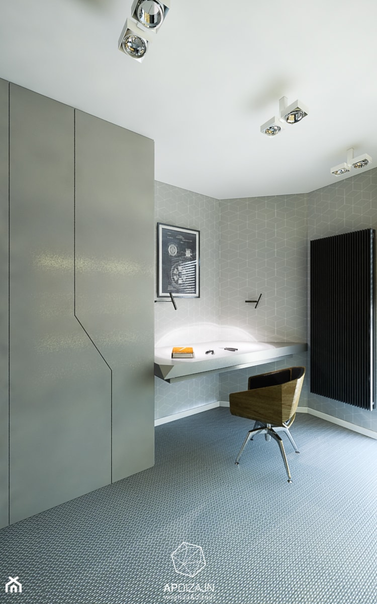 Mieszkanie Marynarza - Małe z zabudowanym biurkiem szare biuro, styl nowoczesny - zdjęcie od AP DIZAJN - wnętrza & dizajn