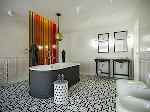 Eklektyzm z nutą Art Deco - Średnia bez okna z dwoma umywalkami z punktowym oświetleniem łazienka, styl nowoczesny - zdjęcie od AP DIZAJN - wnętrza & dizajn