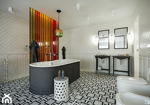 Eklektyzm z nutą Art Deco - Średnia bez okna z dwoma umywalkami z punktowym oświetleniem łazienka, styl nowoczesny - zdjęcie od AP DIZAJN - wnętrza & dizajn