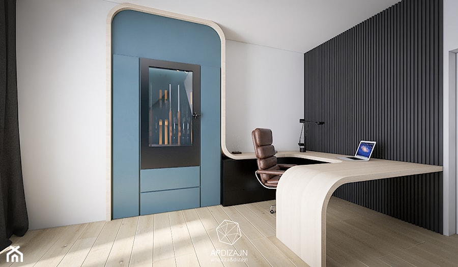 Leśny Dom w Czerni - Średnie w osobnym pomieszczeniu z zabudowanym biurkiem białe czarne niebieskie biuro, styl nowoczesny - zdjęcie od AP DIZAJN - wnętrza & dizajn