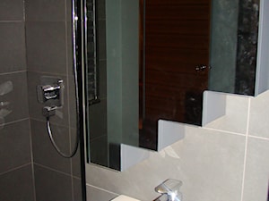 zbliżenie na lustro, po lewej widok prysznica - Realizacja łazienki pod schodami - zdjęcie od Tucano Polska