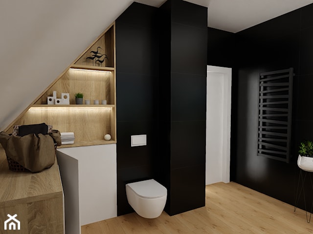 Łazienka w czerni i drewnie 