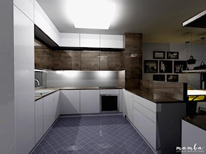 Apartament 80m2 - Duża otwarta szara z zabudowaną lodówką z nablatowym zlewozmywakiem kuchnia w kształcie litery u w kształcie litery g, styl nowoczesny - zdjęcie od MAMBA studio projektowe
