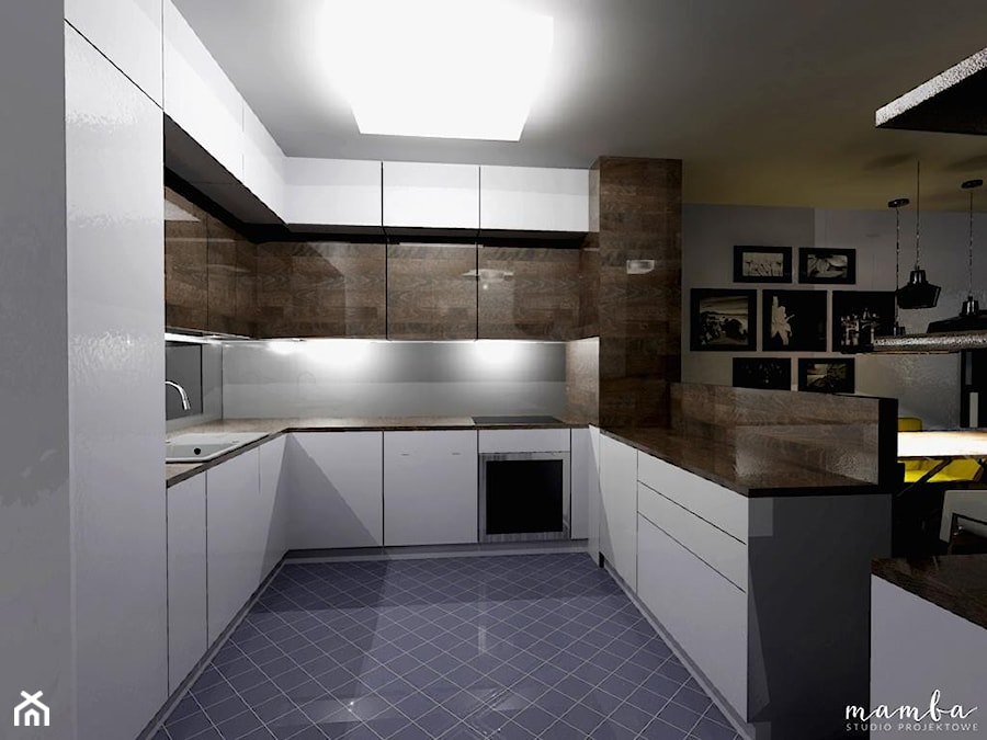 Apartament 80m2 - Duża otwarta szara z zabudowaną lodówką z nablatowym zlewozmywakiem kuchnia w kształcie litery u w kształcie litery g, styl nowoczesny - zdjęcie od MAMBA studio projektowe