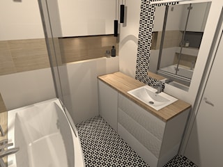 Łazienka nowoczesna - czarno biała mozaika i drewno